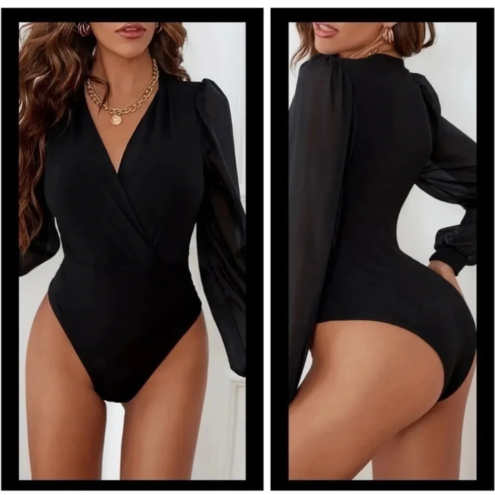 🆕 EVA Mendes Bodysuit Sheer Long Sleeve Loose Open V Neck Snap Crotch - Picture 1 of 5